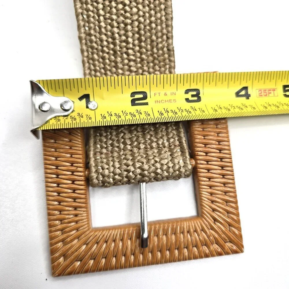 Women's Boho Beach Brown Beige Woven Elastic Straw Like Elastic Big Buckle Belt